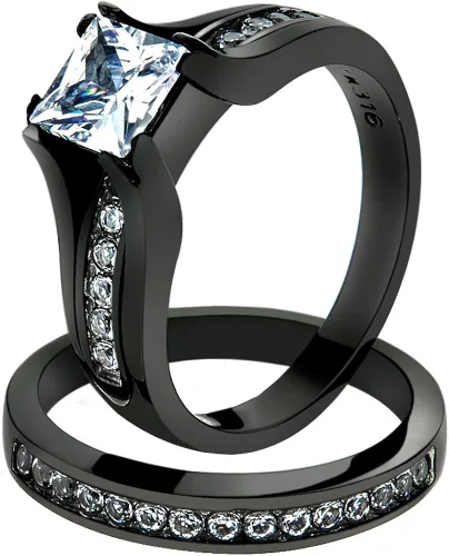 Marimor Jewelry - Juego de anillos de boda de acero inoxidable de 2,10 quilates, corte princesa, color negro, talla 5 10