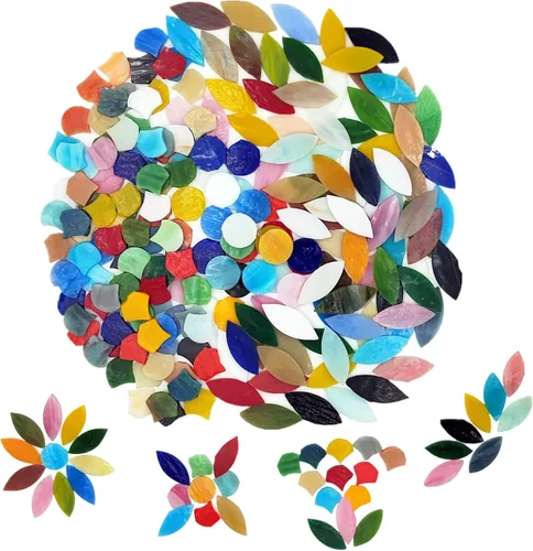 Miniatura 9 de Azulejos de mosaico de vidrio de color mixto 1.3lb/600g, 6 formas mixtas hoja de pétalo/redondo/rectángulo/cuadrado/rombo/triángulo vidrieras piezas