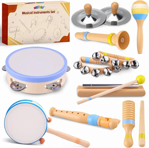 Instrumentos musicales para bebés de 1 a 3 años, juego de música de madera Montessori con flauta de tambor, campanas de clarinete, platillos,