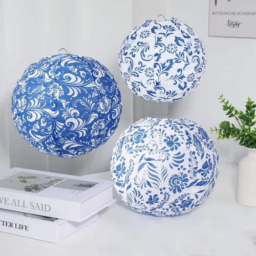 Miniatura 4 de Lonfliness 15 linternas de papel chinoiserie de 10 pulgadas y 8 pulgadas de porcelana azul y blanca colgantes, decoración de fiesta, farol redondo