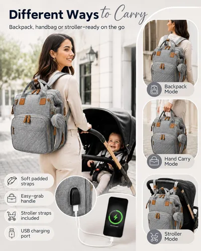 Miniatura 5 de houscly Mochila para pañales con cambiador: bolsas de bebé de viaje negras para niñas y niños, pañaleras para bebe, artículos esenciales para recién