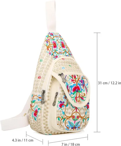 Miniatura 5 de SILKAREA Bolso bandolera pequeño floral vintage para mujer, bolso de mano, bolso de hombro, mochila bordada de viaje (beige rojo)