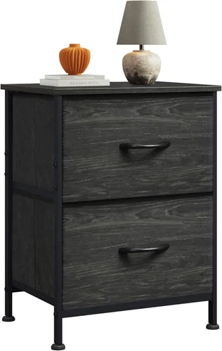 WLIVE Mesita de noche, cómoda pequeña con cajones, cómoda para dormitorio con 2 cajones de tela, mesa de noche negra mesa auxiliar, mesita de noche