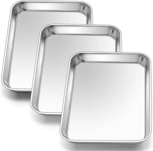 Miniatura 19 de E-far Mini bandeja para horno tostador, bandeja para hornear galletas de acero inoxidable de 9.4 x 7.3 pulgadas, bandeja pequeña de metal no tóxico