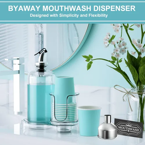 Miniatura 6 de Dispensador de enjuague bucal para baño con portavasos, contenedor de vidrio desmontable para enjuague bucal de 16 onzas, dispensador de enjuague
