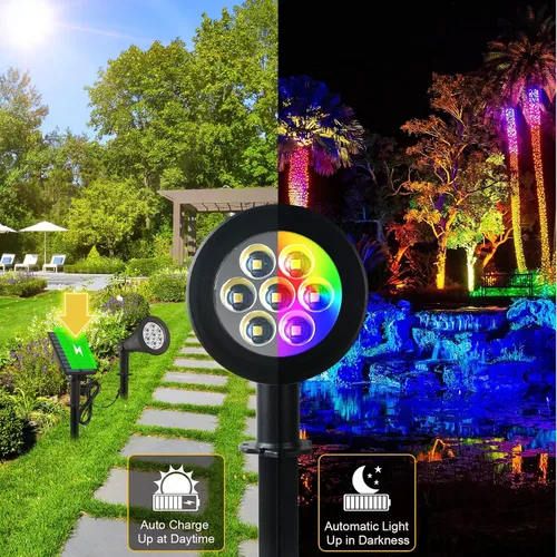 Miniatura 3 de T-SUNUS - Focos solares de paisaje que cambian de color, luces solares impermeables para exteriores, luz de estanque de jardín ajustable de 180°