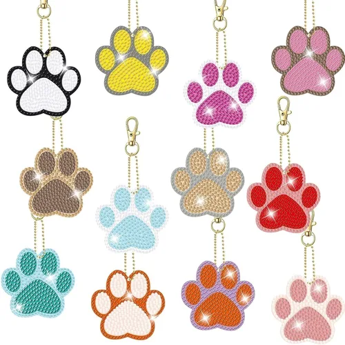 Kit de 12 llaveros de diamante en forma de pata de perro - llaveros de diamante de pata de mascota DIY para principiantes y niños, suministros de
