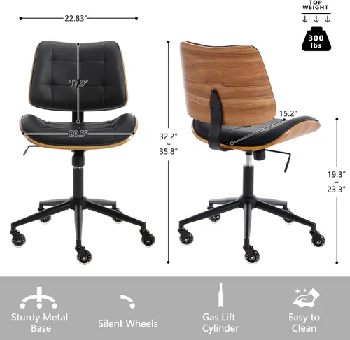 Miniatura 2 de Silla de escritorio de oficina en casa con ruedas, silla de oficina sin brazos de altura ajustable, piel sintética, respaldo medio, silla de Negro