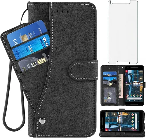 Asuwish Compatible con Google Pixel 2 Funda tipo cartera y protector de pantalla de vidrio templado, soporte para tarjetas de crédito, soporte a