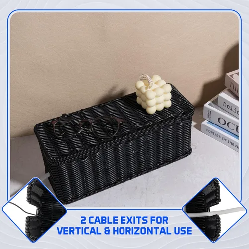 Miniatura 7 de Caja de organización de cables, organizador de cables de ratán hecho a mano con 2 ranuras abiertas, organizador de cables para regleta de Negro