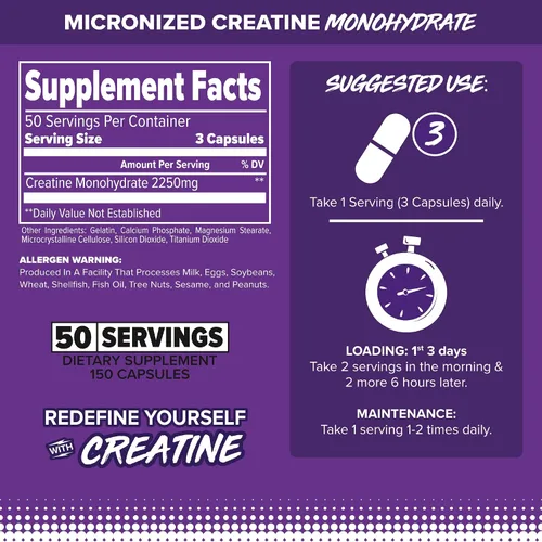 Miniatura 2 de FINAFLEX Creatina pura, 150 cápsulas, promueve la fuerza muscular, el tamaño y el rendimiento, monohidrato de creatina micronizado 100% puro, 50