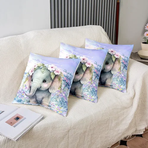 Miniatura 4 de Castle Fairy Juego de 2 fundas de almohada Kawaii con diseño de elefante, diseño de animales salvajes y flores rosas en acuarela, 16 x 16 pulgadas