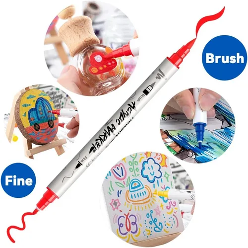 Miniatura 3 de TRANSON Juego de rotuladores de pintura acrílica de doble punta fina y brocha de 12 colores para lienzo, roca, madera, cuero, cerámica, pintura DIY