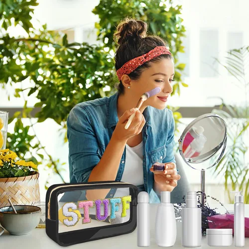 Miniatura 5 de Preppy Patch STUFF - Bolsa de maquillaje con letras de chenilla para mujeres, bolsa de PVC transparente con cremallera, bolsa de parches