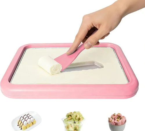 Kit profesional para hacer helados enrollados con 2 raspadores y plato congelable, rollos de helado caseros fáciles de hacer, yogur congelado, Rosa
