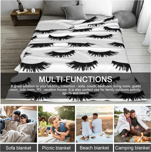 Miniatura 7 de Manta de pestañas en blanco y negro para sofá (50 x 60 pulgadas), manta de franela suave para decoración de habitaciones de pestañas, ropa de cama