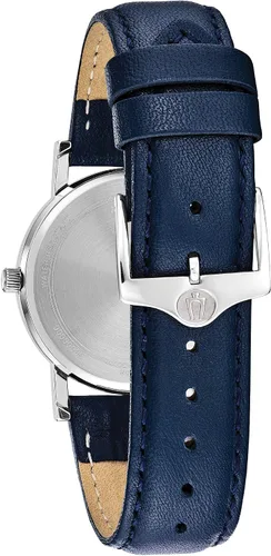 Miniatura 3 de Bulova Reloj clásico de cuarzo para mujer, acero inoxidable con correa de cuero azul, tono plateado (Modelo 96M146), AzulBlanco