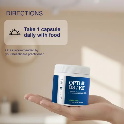 Miniatura 5 de Suplemento Opti + D3/K2 Suplemento para la salud ósea, el bienestar cardiovascular y el apoyo inmunológico* Vitamina D3 K2 apoyo diario 120