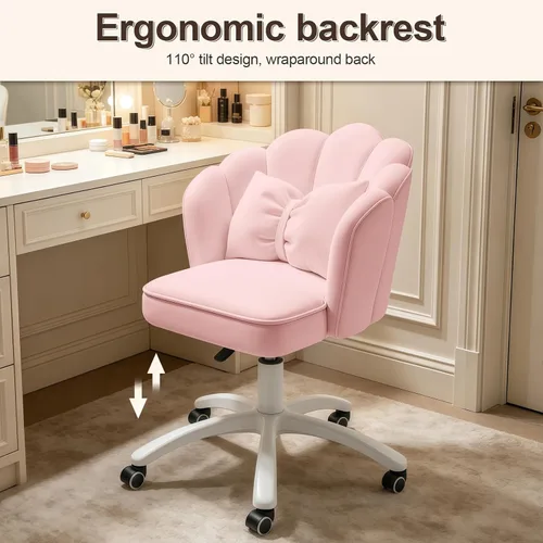 Miniatura 6 de Petal - Silla de escritorio con cojín de lazo, silla de tocador de terciopelo con ruedas, silla tapizada de oficina en casa para niñas y mujeres