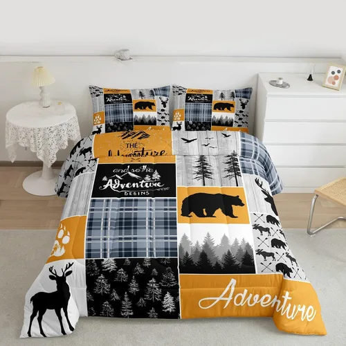 Miniatura 118 de Juego de edredón de oso y ciervo, tamaño individual, ropa de cama de animales salvajes de caza, colcha rústica de cabaña, casa de campo, cuadros