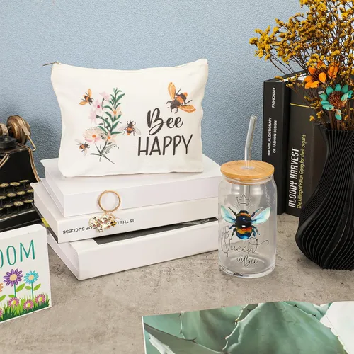 Miniatura 4 de Hushee 3 piezas de regalos temáticos de abeja, bolsa de maquillaje feliz y taza de vidrio con tapa, llavero de paja inspirador para graduación