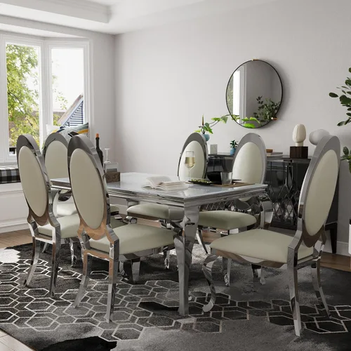 Miniatura 5 de Asday Sillas de comedor blancas y plateadas, sillas de comedor de piel sintética blanca con magnífica parte trasera ovalada y patas de acero