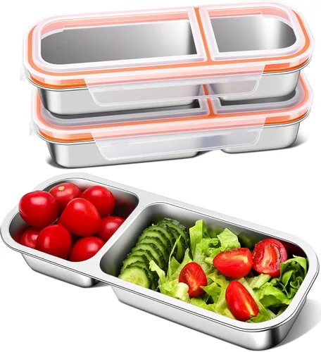 Miniatura 10 de KTKUDY - Recipiente de acero inoxidable para niños y adultos, grande, a prueba de fugas, 3 compartimentos, apilable, para guardería, escuela