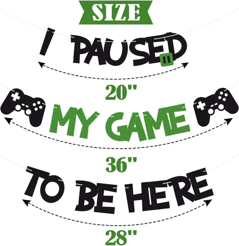 Miniatura 2 de Cartel de decoración de fiesta temática de videojuegos con purpurina con texto en inglés "I Paused My Game To Be Here