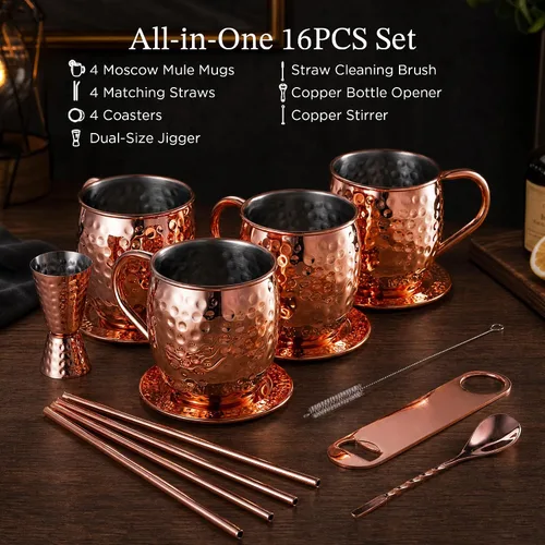Miniatura 2 de KITESSENSU 16-PC All-in-One Moscow Mule Mugs Set, 17 oz Hammered Copper Mule Mugs Kit with Straws, Coasters, 20/40ml Jigger, Opener and Stirrer