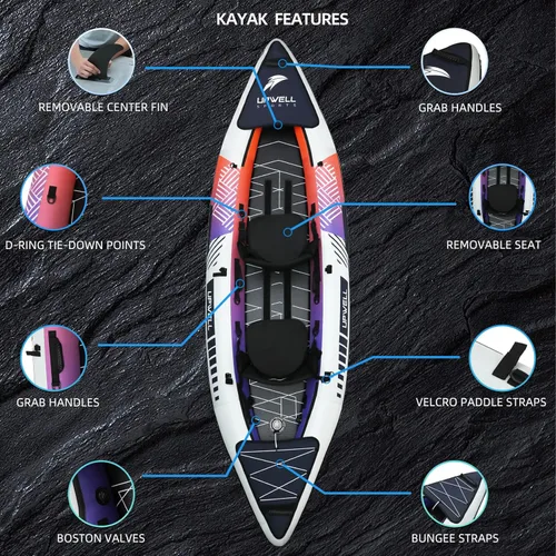 Miniatura 2 de UPWELL Kayak recreativo inflable de 13'6"/11' – 2 personas con piso de punto de caída y accesorios, incluyendo asientos de kayak con soporte