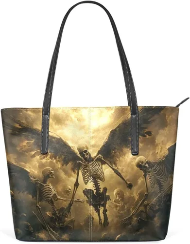 Bolso de mano grande con diseño de ángel de esqueleto gótico para mujer, piel sintética, asa superior, bolsa de hombro impermeable con cremallera