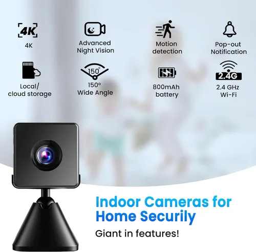 Miniatura 2 de vebiliki Cámara interior con tarjeta TF de 32 GB, cámara WiFi 4K con vista en vivo, cámara de niñera con alertas de movimiento, almacenamiento