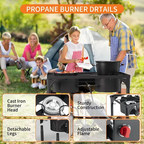 Miniatura 4 de Estufa de gas de 2 quemadores, quemador de propano para exteriores de alta presión con patas desmontables, estufa de campamento de 150,000 BTU