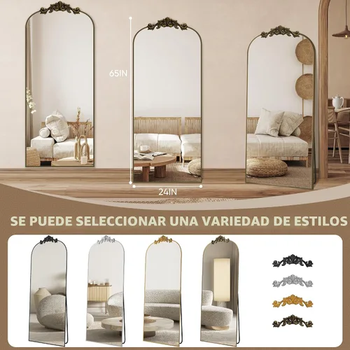 Miniatura 7 de Antok - Espejo de cuerpo completo arqueado, 65"x24" de piso con tallado, espejos de cuerpo completo para decoración del hogar, espejo de pared Bronce