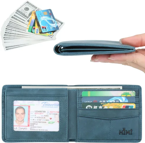 Miniatura 16 de HIMI - Cartera elegante de cuero auténtico para hombre, con bloqueo de interferencia de radiofrecuencia (RFID), con 2 ventanas para identificación