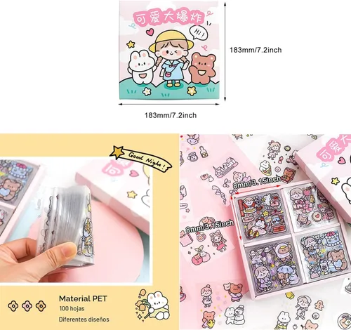 Miniatura 2 de Juego de calcomanías kawaii (100 hojas) - Lindas calcomanías transparentes de animales de dibujos animados y flores para álbum de recortes, Doudou