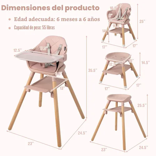 Miniatura 6 de BABY JOY Silla Alta para Bebé, Trona Convertible de Madera 6 en 1 para Bebés y Niños Pequeños con Patas Ajustables, Doble Bandeja Extraíble, Arnés