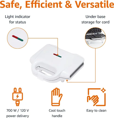 Miniatura 2 de Amazon Basics Plancha para Waffles 2 Rebanadas Blanca con Revestimiento Antiadherente y Fácil de Limpiar, 700W