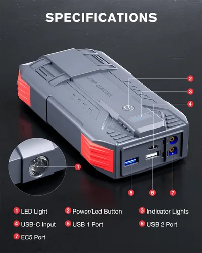 Miniatura 6 de Arrancador de Batería de Coche de 4000A, Arrancador de Coche Portátil para Motores de Gasolina de hasta 10L y Diésel de 8L, Caja de Arranque de 12V