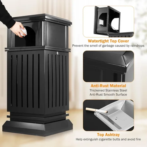 Miniatura 4 de BEAMNOVA Cubo de basura negro para exteriores, bandeja superior de acero inoxidable con tapa de bloqueo, contenedor de basura industrial resistente