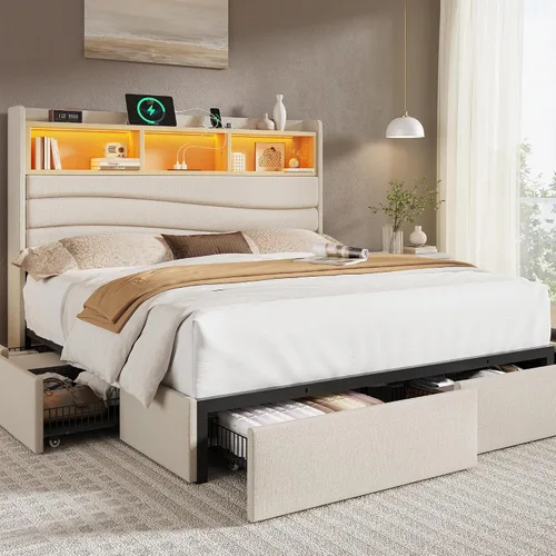 BRELTAM Base de cama tamaño Queen con 6 cajones de almacenamiento, plataforma tapizada de lino con estación de carga y luces LED, diseño de cabecera