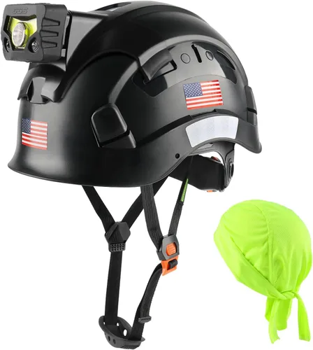GREEN DEVIL Casco de seguridad con luz recargable para faros delanteros y forro para casco, correa para barbilla, para hombre, ventilada, para Negro