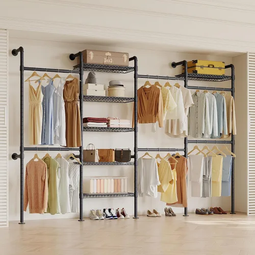 Higeego W4 - Perchero industrial de tubería montado en la pared, sistema de armario expandible para colgar ropa, perchero resistente ajustable para