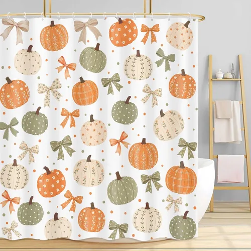 Boho Fall Pumpkin Bow Shower Curtain for Bathroom, Waterproof Thanksgiving Harvest Autumn Bath Curtain with Hooks, Washable Privacy Curtain for Kids
