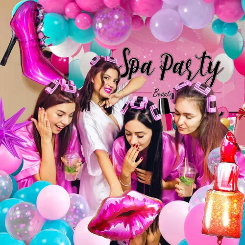 Miniatura 5 de 127 piezas de suministros de fiesta de spa para niñas, decoración de cumpleaños con guirnalda de globos, globos de papel de aluminio, telón