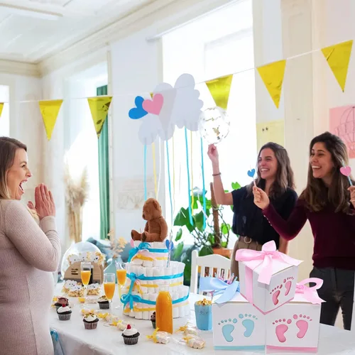 Miniatura 6 de 50 cajas de recuerdo de fiesta de baby shower, 2.4 x 2.4 pulgadas, pequeñas cajas de regalo de dulces, diseño de huellas para niños, cumpleaños, Azul