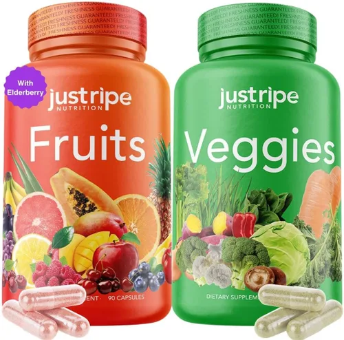 Suplemento de frutas y verduras – 90 cápsulas de frutas y 90 verduras – Superalimento 100% natural entero – Lleno de vitaminas y minerales súper