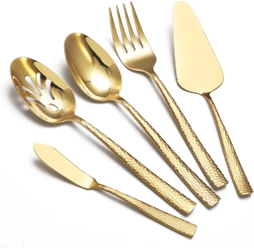 Miniatura 10 de Juego grande de utensilios de servir para anfitriona, cucharas de servir martilladas de acero inoxidable resistentes, cucharas ranuradas, tenedor