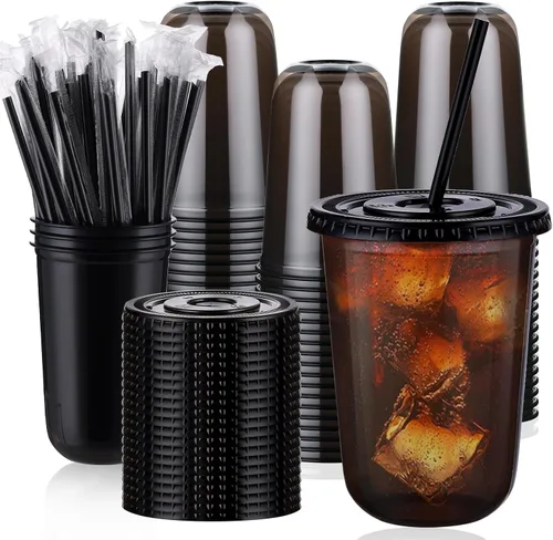 Miniatura 9 de tchrules Juego de 100 vasos de plástico negro de 12 onzas con tapas y pajitas, taza de café helado desechable con tapa, parte inferior redonda