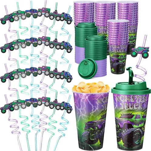 Miniatura 32 de Yungyan 16 juegos de tazas de golosinas con tapas y pajitas para decoraciones de cumpleaños, reutilizables, 16 onzas, vasos de plástico para dulces